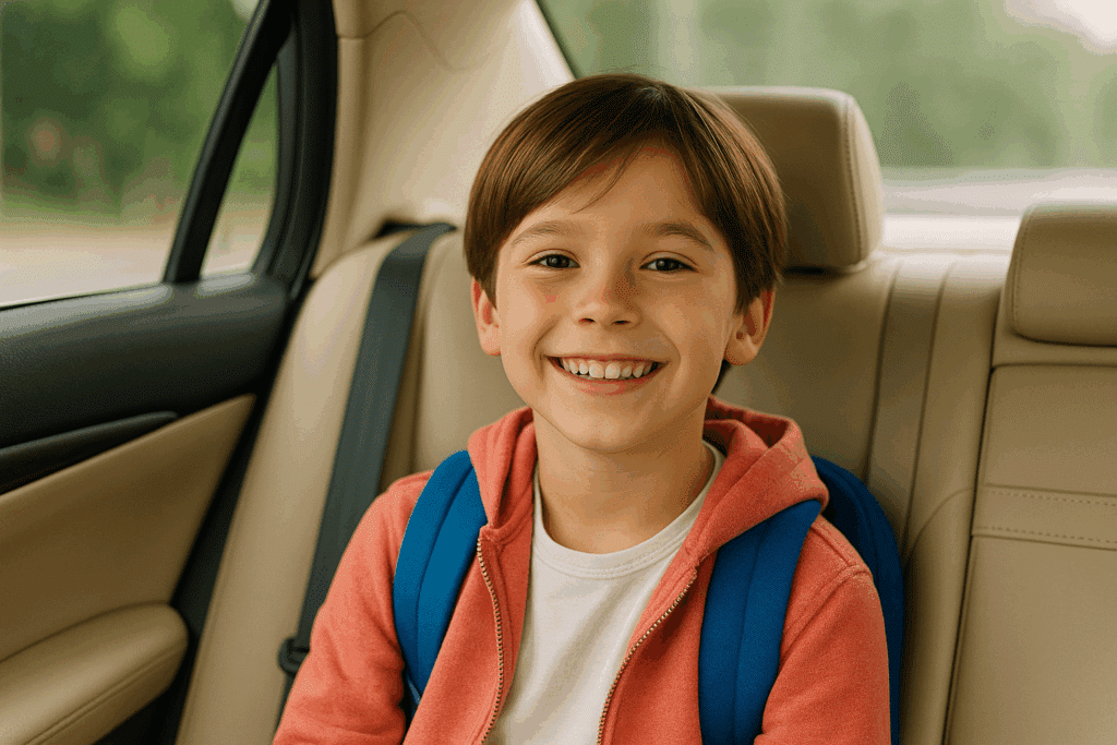 Garçon souriant dans une voiture, portant un sweat à capuche corail et un sac à dos bleu. Joyeux écolier en route.