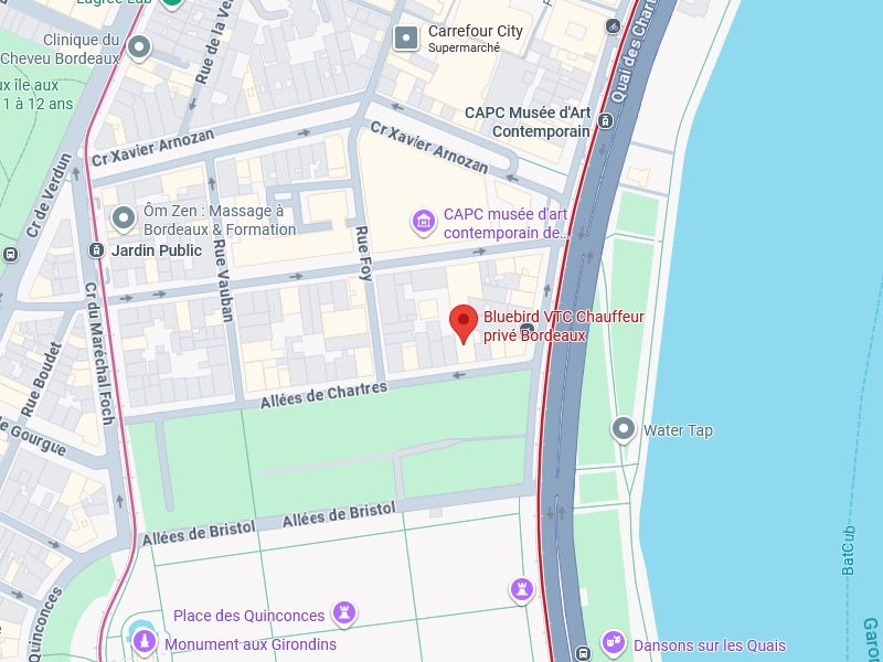 Localisation Bluebird VTC Bordeaux près Jardin Public Carte de Bordeaux localisant Bluebird VTC Chauffeur privé près du Jardin Public et des Allées de Chartres.