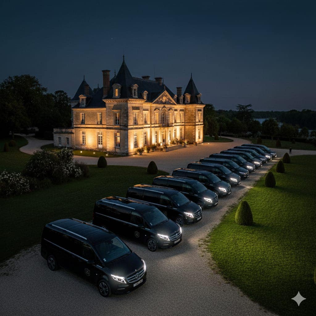 Flotte de vans Mercedes noirs alignés devant un château français illuminé la nuit, prêts pour un service de transport.